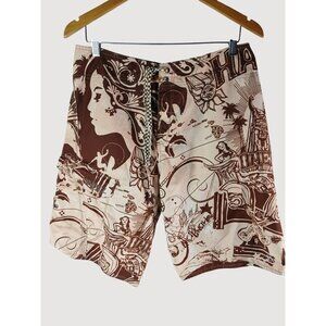 O'Neill Mens Brown Graphic Hawaiian Swim Shorts Size 34 Boardshorts Art Surf Y2K